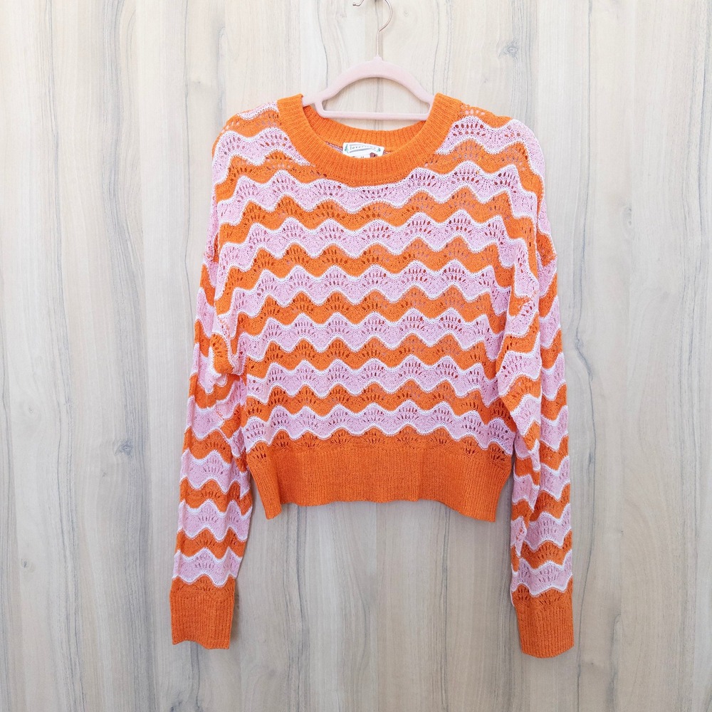 Womens Crochet Open Knit Sweater M Orange Pink Chevron Retro Boho 70s Festival